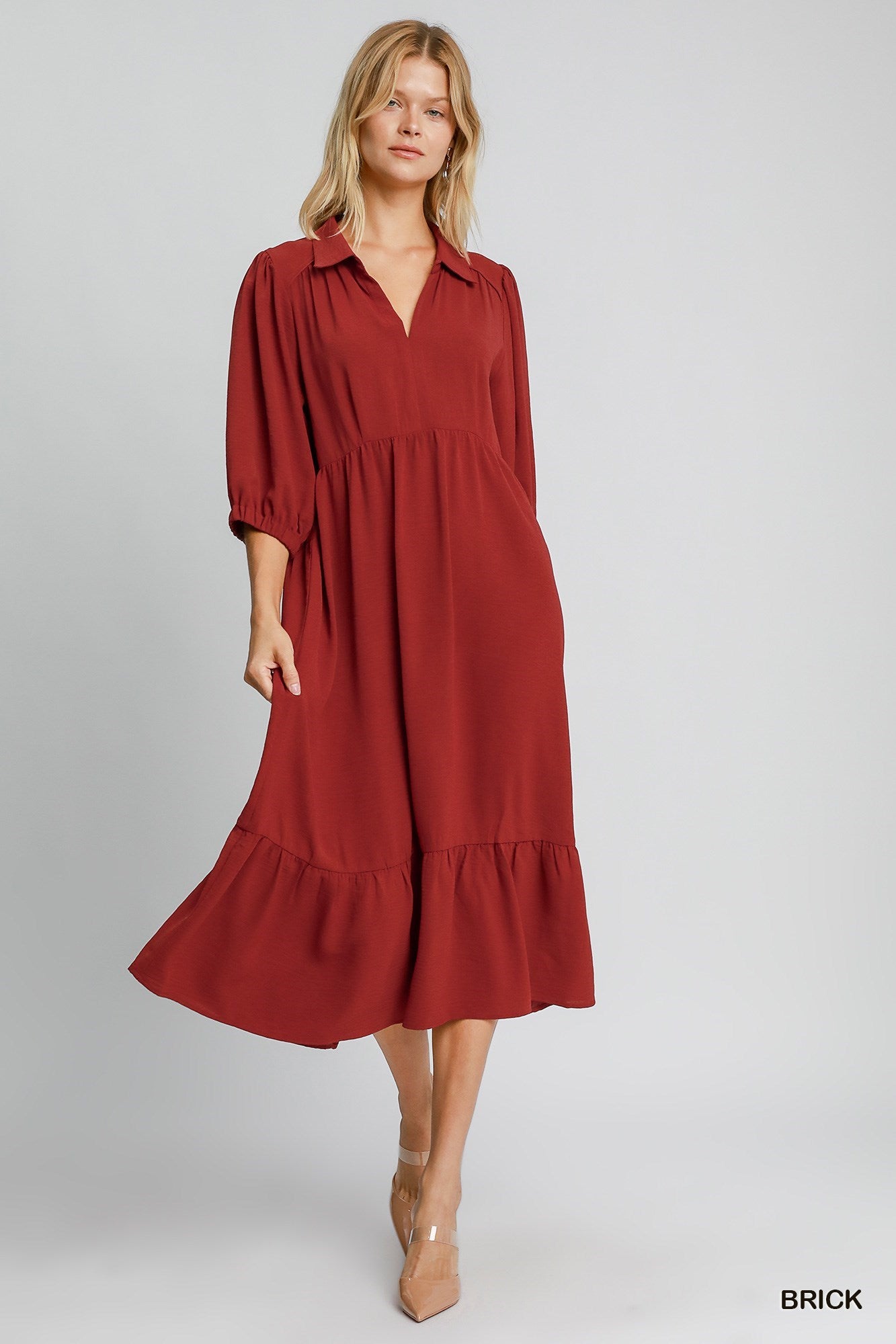 Solid Collared V-Neck Midi Dress